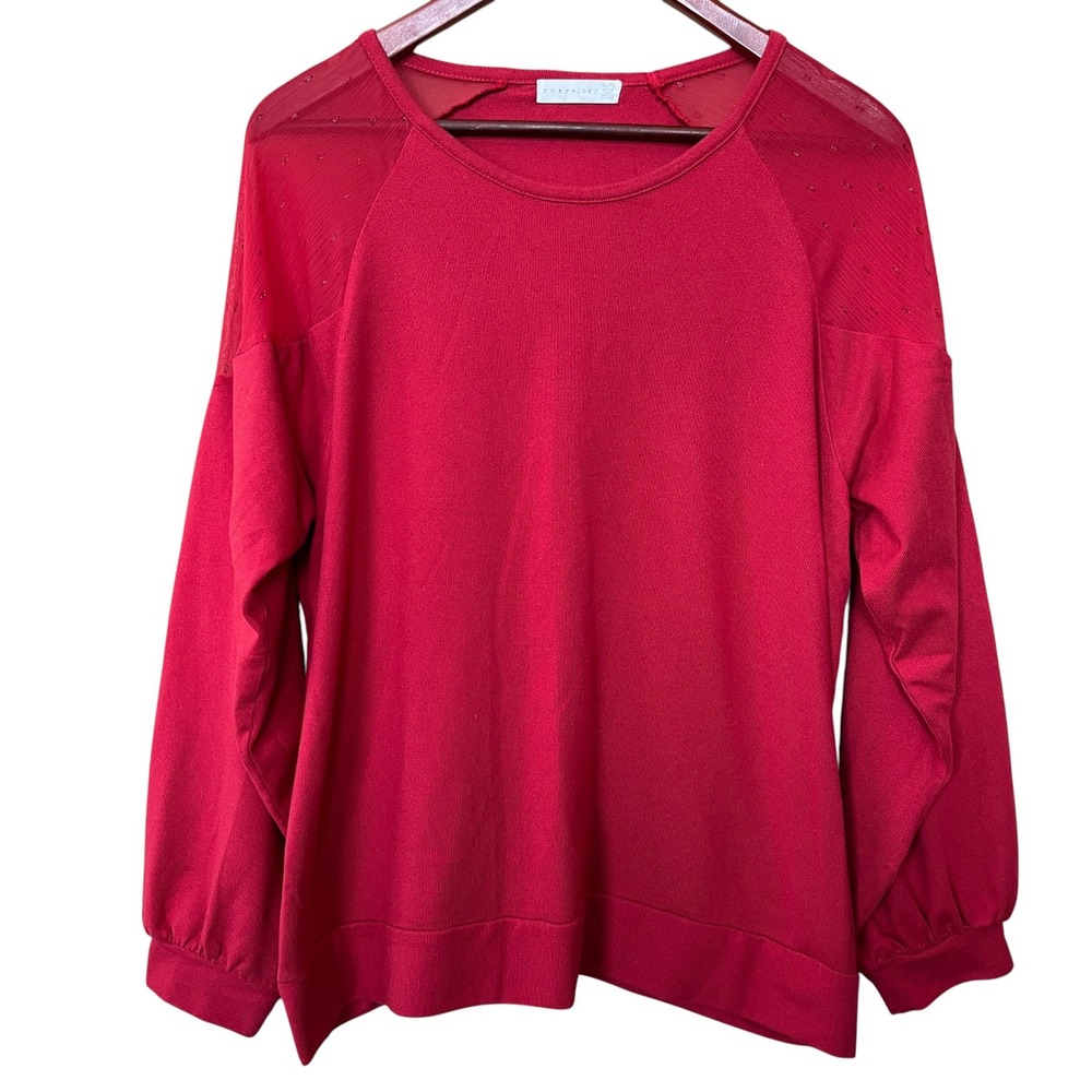 Retrology Womens XL Red Mesh Shoulder Dot Long Sleeve Knit Pullover Top Sheer